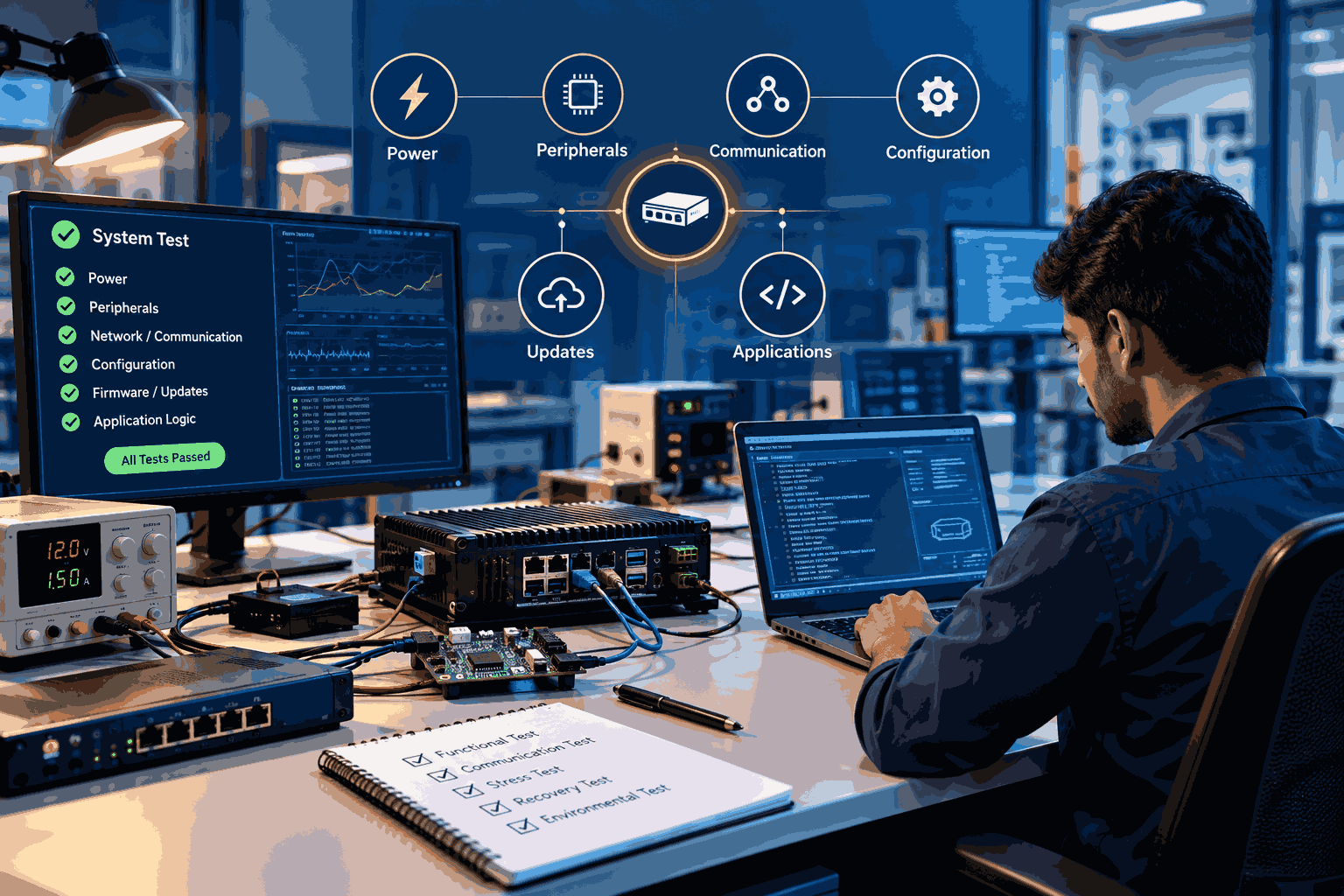 Embedded device testing across hardware firmware and communication